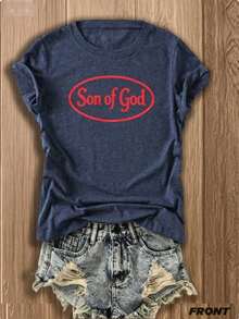 Women's Casual Cotton Round Neck Long Sleeve T-Shirt 'Son Of God' Graphic Tee - 藏青色1 - 查看 4