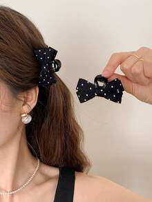 4pcs Women's Black & White Polka Dot Bow Hair Clips, Small Fairy Hair Clips, Princess Hair Side Clips, Fabric Side Bangs Clips, Half-Up Hair Accessories - Multicolor - View 2