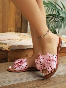 Sandales pour femmes style européen et américain avec décoration de grand nœud à pois, pois roses, mode d'été polyvalente décontractée plate pour la maison, les vacances et la plage - Rose pâle - Voir 2