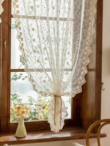 1pc Beige Rose Pattern Lace Sheer Curtain, Short Curtain, Window Valance, Cafe Curtain, Vintage Pastoral Romantic Style, Translucent, Made Of Polyester Fiber, Suitable For Bedroom, Room, Living Room, Kitchen, Office, Cafe And Home Decor Use. - 1PC - View 3
