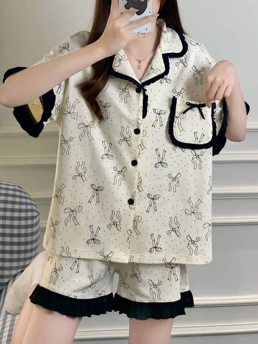 2件組女款睡衣套裝,蝴蝶印花短袖短褲,休閒舒適時尚,適合春/夏居家穿著 - 香檳色 - 查看 1