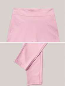 TimeOff Pantalones deportivos largos cortos de cintura alta con control de abdomen, decoración de línea blanca y bloques de color para mujer, 1 pieza - Rosa - Ver 4