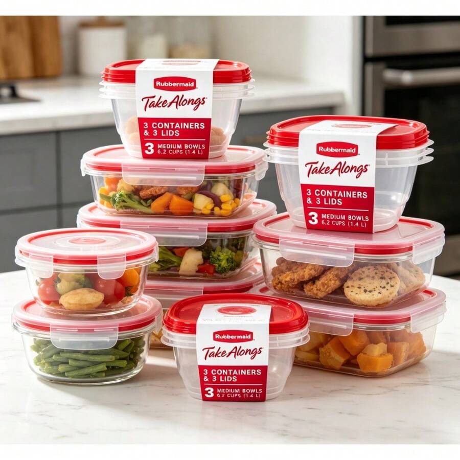 3 Pack 6.2 Cup Rubbermaid TakeAlongs Round Storage Bowls, Ruby Red Secure Snap Lids, Stackable Leak-Proof Containers For Leftovers Salads Snacks - 1 - 查看 1