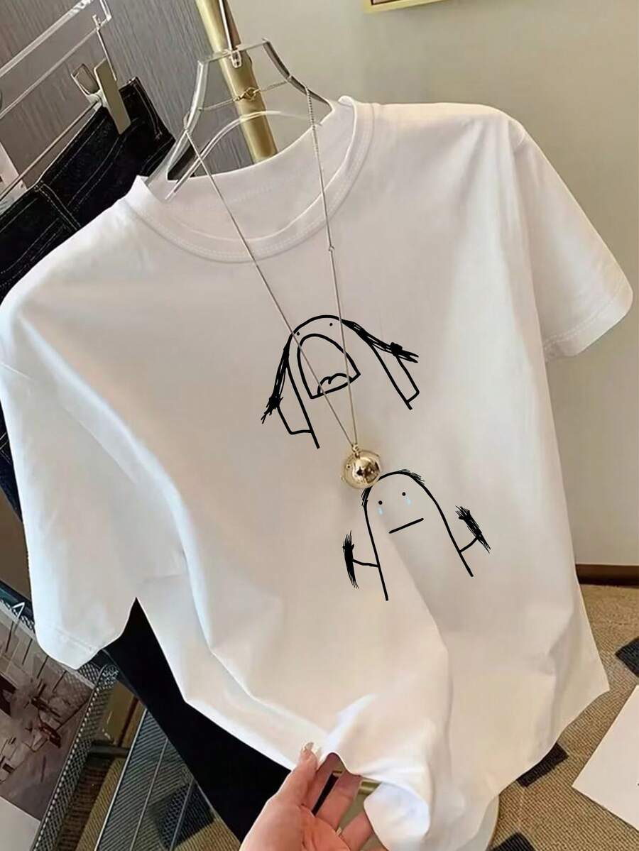 大尺碼女款休閒可愛憂鬱表情印花T恤,圓領短袖,春夏秋季度假上衣,白色 - 白色 - 查看 1