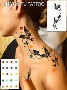 2 piezas Pegatinas de Tatuaje Temporal Estilo Y2K para Mujeres, Flores Pequeñas & Mariposas Coloridas Impermeables y Resistentes al Sudor, Pegatinas de Decoración Corporal de Moda para Niñas, Pegatinas de Arte Corporal Minimalista y Lindo para Festival, Fiesta y Uso Diario, Pegatinas de Tatuaje para Mejores Amigos & Parejas - Negro - Ver 1
