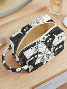 1 pieza Bolsa de pana con estampado de gato con asa, bolsa de maquillaje y artículos de tocador, cierre con cremallera. Plegable, duradera, multiusos para viajes, uso diario y estudiantes - Multicolor - Ver 5
