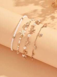 Juego de 4 tobilleras de cadena dorada con múltiples colgantes de estrella de mar, concha y caracol, perlas falsas, strass y cuentas de arroz, estilo bohemio dulce, hecho a mano, joyería de pie para mujer, adecuada para uso diario, vacaciones en la playa y fiestas - Multicolor - Ver 3