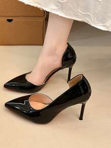 Black Red Bottom Design Mid-Heel Pointed Toe Low Vamp Fashionable Solid Color Niche Versatile Sexy Women's Shoes - Black - View 3