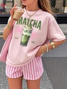 1pcs Women's T-Shirt, Matcha Lovers' Casual Fashion Loose Round-Neck Short-Sleeve Pink T-Shirt For Women, Short-Sleeve Round-Neck Casual Top Women's C - 粉色 - 查看 1