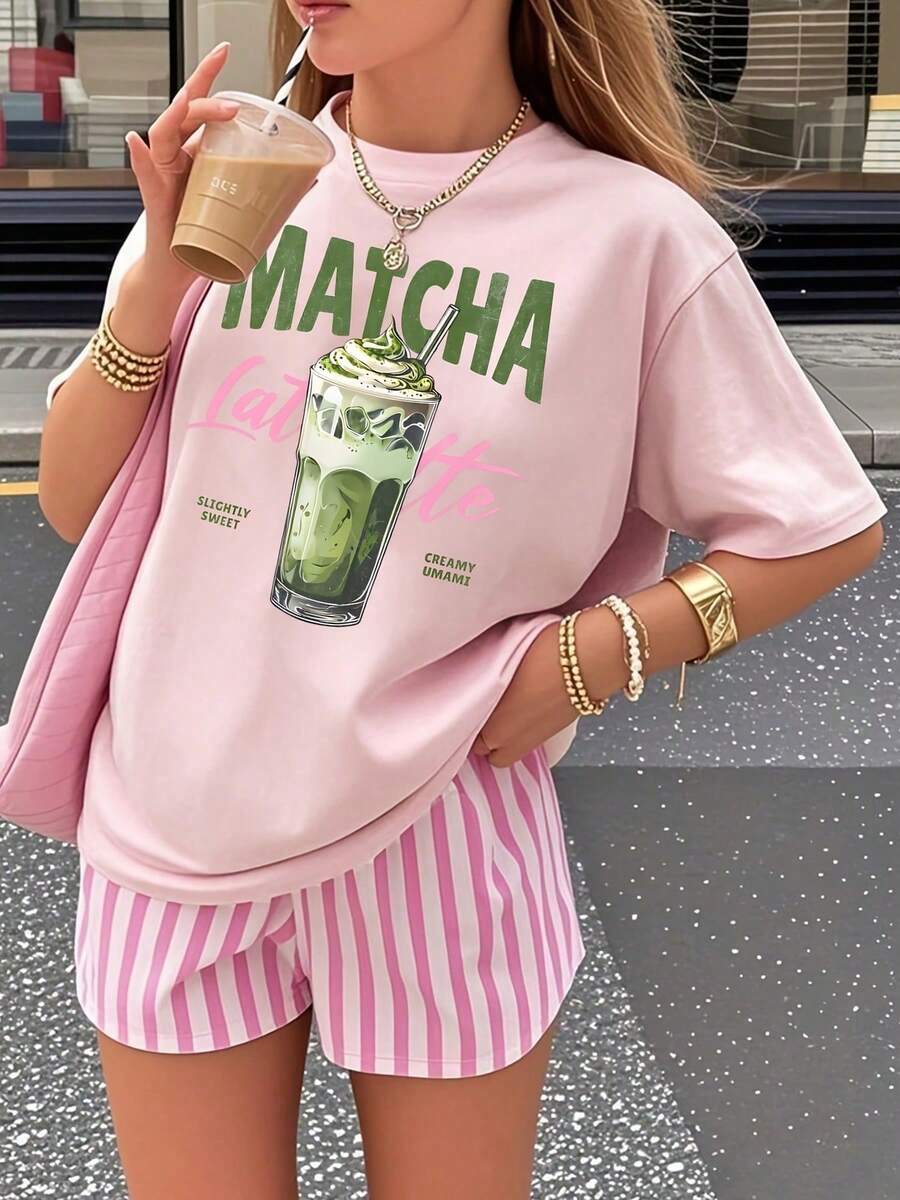 1pcs Women's T-Shirt, Matcha Lovers' Casual Fashion Loose Round-Neck Short-Sleeve Pink T-Shirt For Women, Short-Sleeve Round-Neck Casual Top Women's C - 粉色 - 查看 1