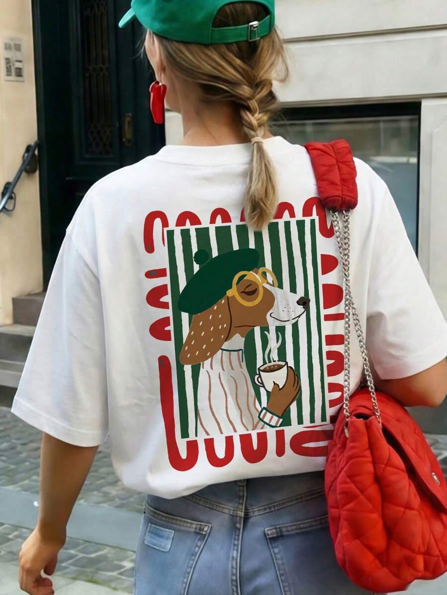 Respirable 1 pieza Camiseta de mujer de manga corta y cuello redondo para verano, estilo de vacaciones con estampado, ajuste holgado y casual, cómoda, adecuada p,sudadera de mujer - Blanco - Ver 1