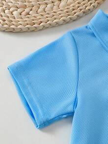 Purechapter Boys' Casual Sports Quick-Dry Solid Color Pony Pattern Polo Collar Button Shorts Set, Summer - Baby Blue - View 5