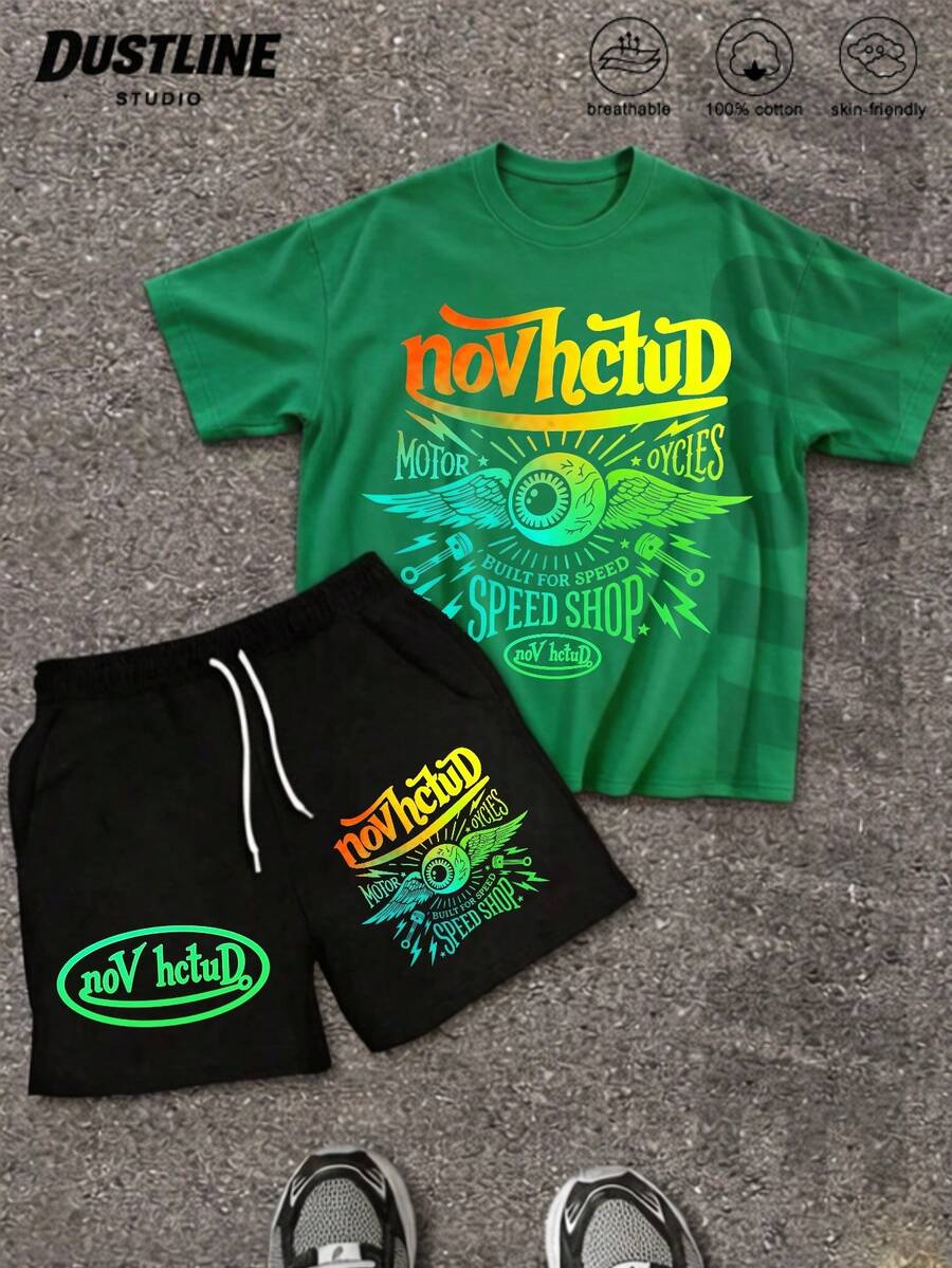 Men's Creative T-Shirt & Shorts Set American Vintage Full Print Street Wear Essential Graphic Tee With Dragon Floral & Logo For Casual Outfits - 綠色 - 查看 1