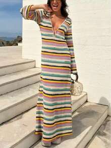 Women's Bohemian Style Striped Deep V-Neck Long Sleeve Knit Rainbow Striped A-Line Elegant Summer Autumn Dress - Multicolor - View 2