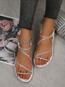 1雙優雅法式條紋交叉水鑽一腳蹬彈性帶素色夏季新款圓頭露趾平底涼鞋，適合女性度假與戶外穿著 - 白色 - 查看 7