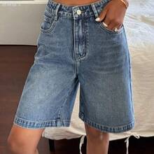xuehuamaoyi02  Shorts vaqueros tipo bermuda de ajuste holgado con bolsillos para mujer, estilo Y2K para el verano - Azul - Ver 4
