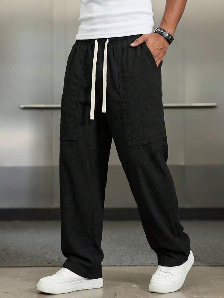 Plus Size Men's Casual Solid Color Straight Leg Pants, No Belt Loops, Spring/Summer - Black - View 1