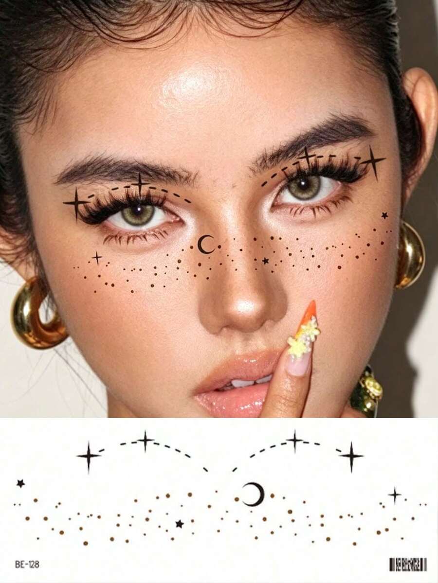 1pc Freckle Face Tattoo Sticker, Suitable For Women, Dot Freckle Star & Moon Pattern Temporary Tattoo Sticker For Face, Perfect For Christmas, Makeup, Gift, Holiday, Music Party - Black - View 1