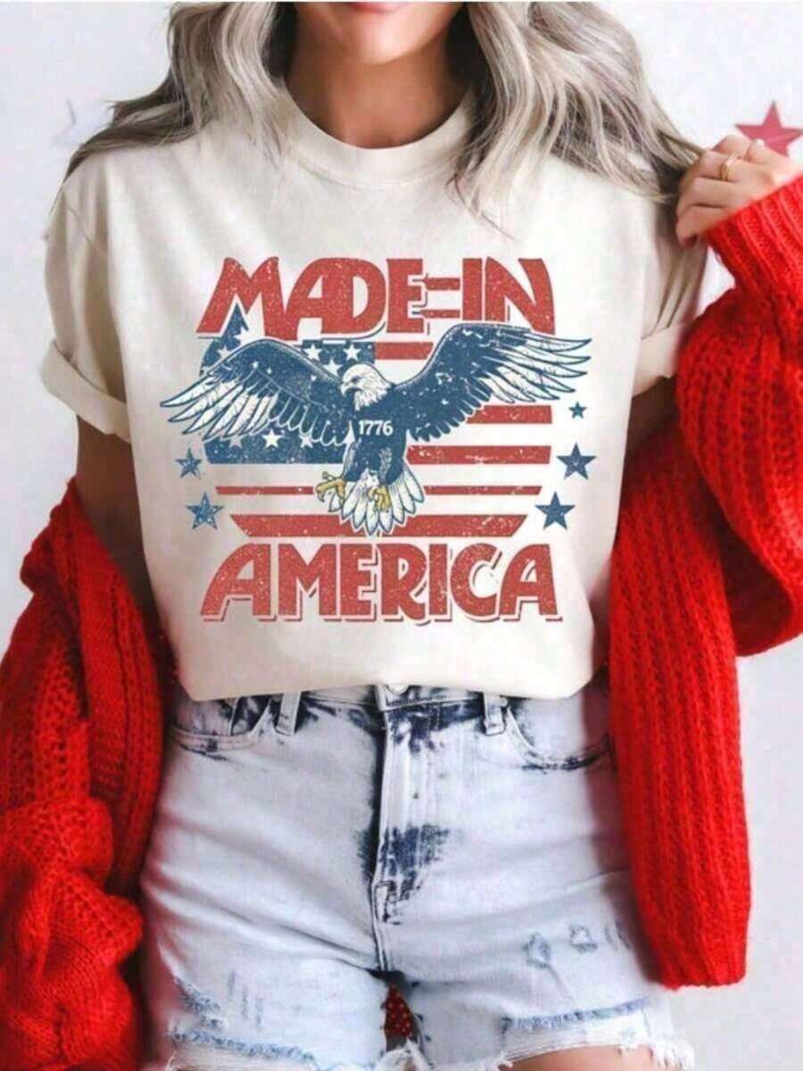 Oberteile Damen Watercolor Letter Print Short Sleeve T-Shirt, Cute Pattern O-Neck Top For Holiday And Summer - White - View 1