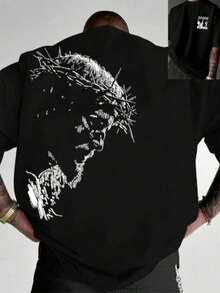 Camiseta Hombre estampado Cristo espalda, iconografía religiosa, ligera transpirable verano, diseño espinas cruz, casual/formal joven, rosa/negro, exquisita, suelta cómoda, fácil combinar. - Negro - Ver 1