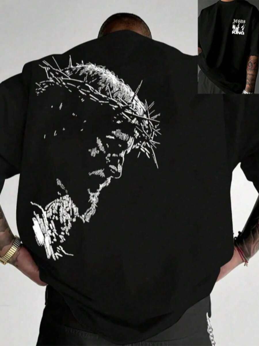 Camiseta Hombre estampado Cristo espalda, iconografía religiosa, ligera transpirable verano, diseño espinas cruz, casual/formal joven, rosa/negro, exquisita, suelta cómoda, fácil combinar. - Negro - Ver 1