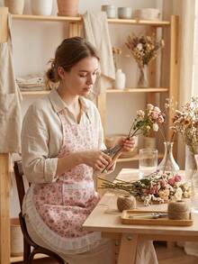 1pc Multicolor Floral Lace Trim Apron, Women's Apron, Fashionable, Breathable, Flower Arrangement Apron, Home Apron, Suitable For Kitchen Cooking, Baking, Gardening, Party Scenes, Lightweight, Household Style - Multicolor - View 2