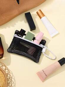 1pc Transparent Mesh Cosmetic Bag, Fashionable Portable Square Black Mesh Pouch, Flat Toiletry Storage Bag - Multicolor - View 3