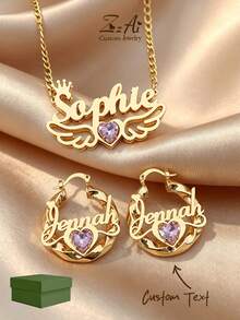 [ZzAi Custom] 1 pieza Juego de joyas personalizado para adolescentes, collar personalizado con piedra de nacimiento + juego de pendientes, joyas conmemorativas, collar personalizado, uso diario - Estilo 4 - Ver 1