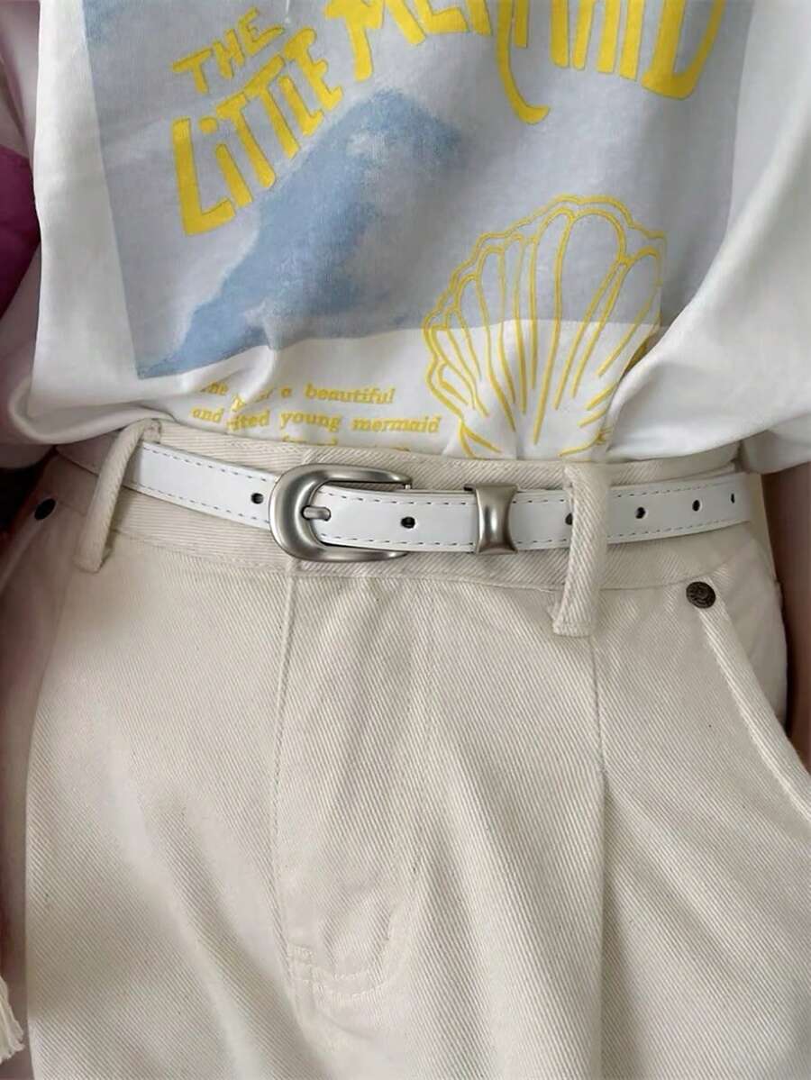 1條純色休閒PU皮革女款精緻百搭腰帶,適合四季穿搭 - 白色 - 查看 1