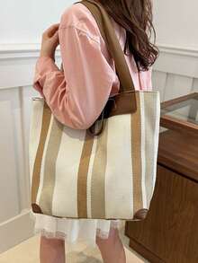Bolso de lona casual para mujer con diseño a rayas, cierre con cremallera y forro de poliéster, opciones multicolor - Blanco - Ver 3