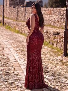 Women's Plus Sequined V-Neck Mermaid Gown, Long-Sleeve, Full Sparkle, Perfect For Weddings, Gala Dinners, Red-Carpet Events, Formal Receptions - Burgundy - View 2