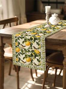 1pc Lemon Table Runner, Lemon Bird Leaf Floral Print, Lemon Yellow And Green Farmhouse Style Decor, Suitable For Kitchen Table, Party Holiday Centerpiece, Outdoor Activities, Rectangular Table Runner - Dark Green - View 2