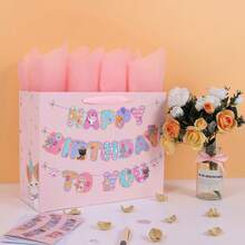 1 pieza/2piezas/5piezas,Bolsa de regalo de cumpleaños rosa con gato lindo con papel de seda & tarjeta de cumpleaños a juego, bolsa de regalo de cumpleaños con estampado de pata de gatito de dibujos animados kawaii para suministros de envoltura de regalos de fiesta de cumpleaños - Ver 2