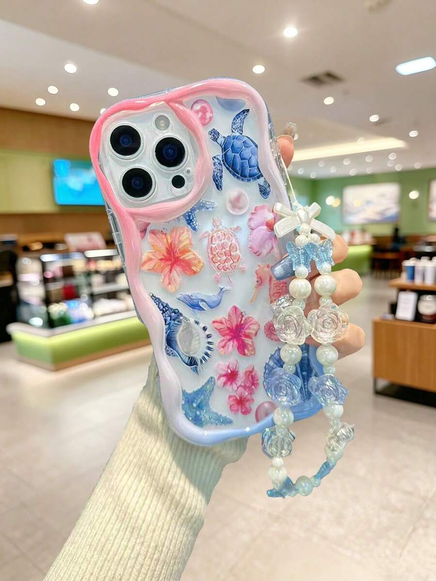 扭曲波浪邊極簡主義高級TPU花卉與海龜彩繪防震手機殼,附珠飾手鍊配件,適用於 17pro/17Air/17/17promax16/11/16pro/16plus/16promax/16e/15Promax/13/14/12/XS/XR/7G/8P,適用於 Galaxy A17/A07/S26/S26PLUS/S26 UltraS25/S25PLUS/S25 Ultra/A16/A36/A26/A56/A50/A12/A32/A52/A72/A51/A21S/A13/A14/S24/S24PLUS/S24Ultra,S22/A52/A53/A54/A55S23/適用於 11/12Pro/12/12X/13Pro/14Pro/15Pro防震手機保護殼 - 彩色 - 查看 1