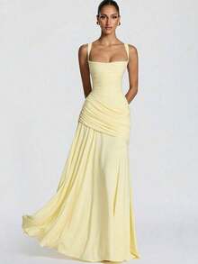 Elegant Women's Sleeveless Spaghetti Strap A-Line Maxi Dress, Sexy Backless Knit Fabric, Flared Hem Party Summer - Yellow - View 3