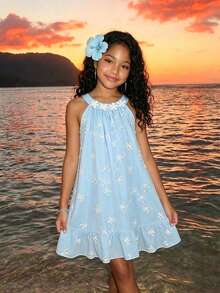 Girls Sleeveless Midi Dress With Floral Embroidery & Sequins, Fashionable & Breathable For Summer Vacation - Baby Blue - View 5