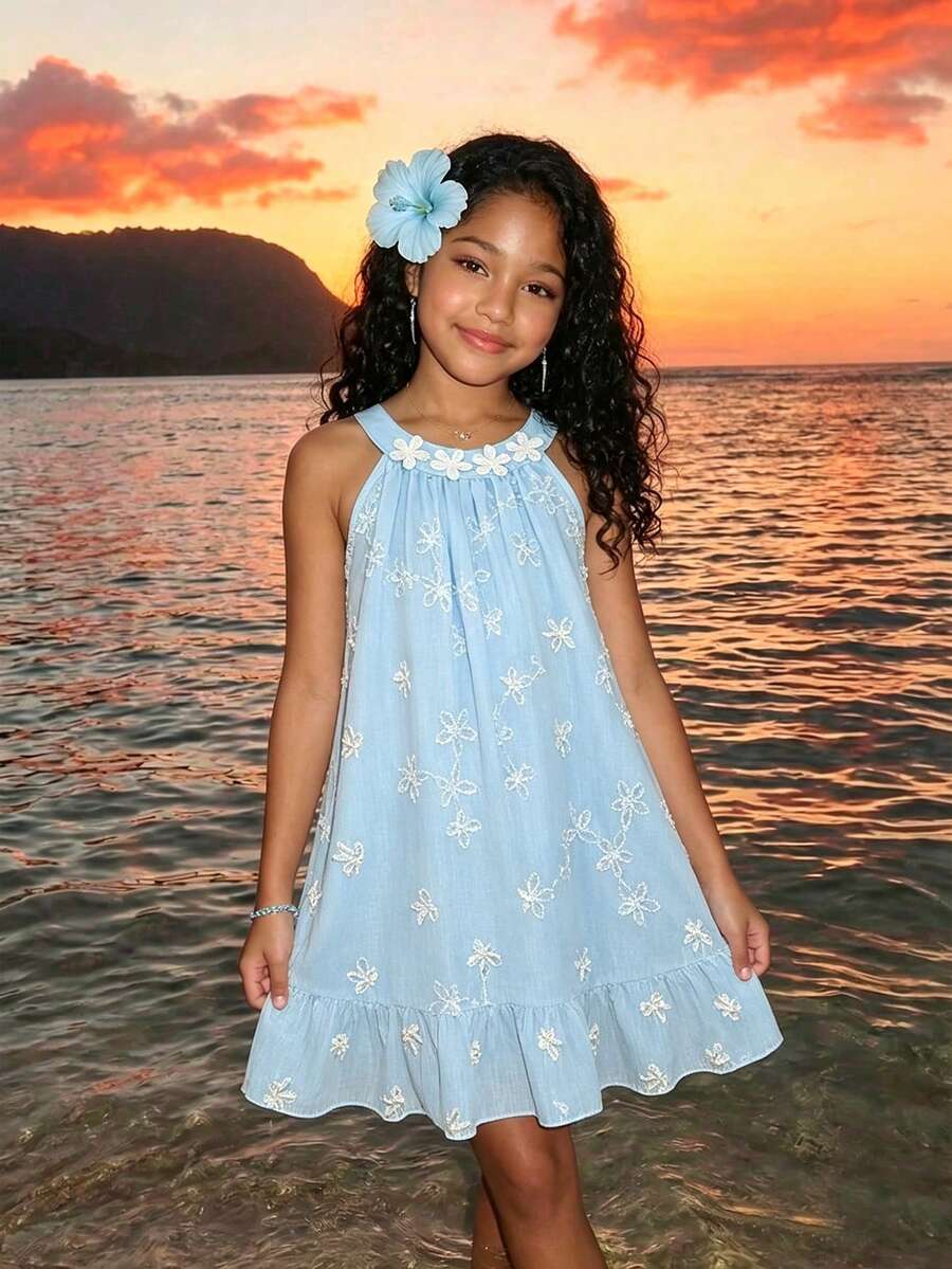 Girls Sleeveless Midi Dress With Floral Embroidery & Sequins, Fashionable & Breathable For Summer Vacation