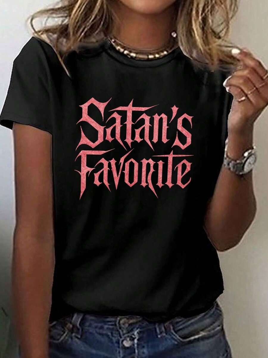 LXF2026Top casual de manga corta y cuello redondo para mujer con un llamativo estampado rojo de lo más querido de Satanás, perfecto para primavera y veranoXIAM - Negro - Ver 1