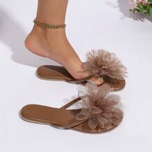 Sandalias tipo tanga con adornos de strass y flores, chanclas suaves antideslizantes, versátiles para playa & uso casual - Marrón - Ver 5