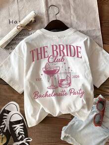 Women's Vintage Style Casual Summer T-Shirt, Short Sleeves, Round Neck, With Double-Sided Print, Star Pattern And "THE BRIDE Club EST". - White - View 2