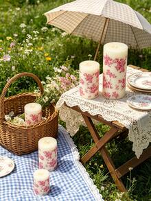 Pink Floral Print Cylindrical Candle, 1.96 Inch Romantic Rose Pink Pattern Design Candle, Smokeless Atmosphere, Decorative Candle, Perfect For Valentine's Day, Wedding Dinner, Birthday Party, Anniversary, Afternoon Tea, Picnic Scene, Home Decor - Pink Printed Column Wax - View 4