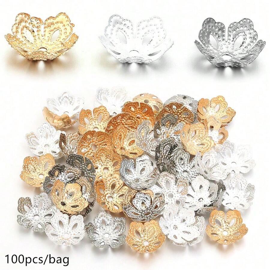 100pcs/Pack 5-Petal Flower Beads Spacers, 13.5mm Iron Hollow Flower Spacer Beads For Jewelry Making, DIY Vintage Elegant