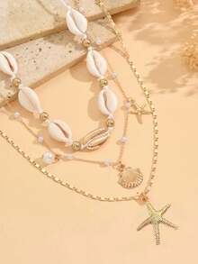 3pcs Bohemian Style Necklace Set, Featuring Faux Pearl, Faux Shell And Starfish Designs, Multi-Layer Choker Necklace, Suitable For Daily Wear, Shopping, Vacation, Dating - 4808 White - View 4