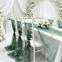 Embroidered Butterfly & Floral Table Runner Suitable For Weddings - Elegant Sheer Table Decor With Embroidery, Fabric, Length For Chair Back, Veil Or Party Decoration, Multi-Use Decorative Table Runner For Special Events - Dark Green - View 3