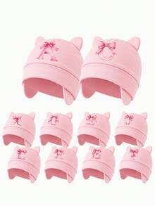 1PC Newborn Pink Cat Ear Beanie, Bowknot A-Z Letter Print Ear Protector Baby Hat, Soft Breathable Hospital Cap, Suitable For Baby Daily Rest And Sleep - Pink - View 2