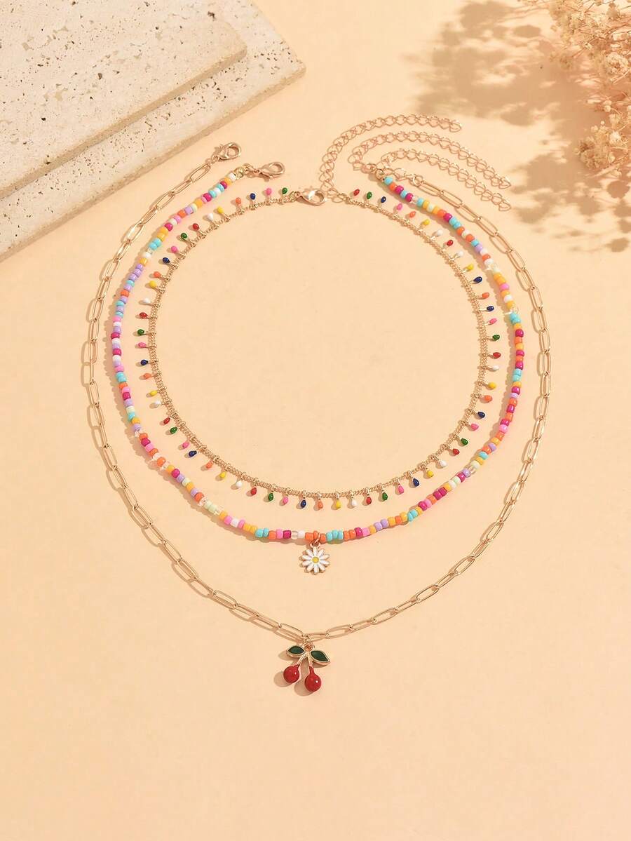 3pcs Sweet Colorful Seed Bead Daisy Flower Pendant Necklace - Multicolor - View 1