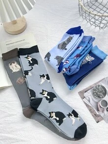 1/5 Paar blaue niedliche Katzenmuster lange Socken, Damen lustige lässige Tierserie Socken, atmungsaktive und feuchtigkeitsableitende Sportsocken, geeignet für Outdoor-Sport, Heimfitness, tägliches Pendeln - Verschiedenfarbig - Übersicht 6