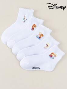 Disney 1/5 Pairs Frozen Black Double Stripe White Mid-Calf Socks, Girls' Short Socks, Soft Comfortable Breathable, Non-Slip Boat Socks, Cute Casual Style, Suitable For Daily Wear/Party Gift/Easter/Summer, Multi-Color Socks, Blue Series Socks, Cartoon Fun, Simple Versatile Gift Socks, Girls' Student Sports Short Socks - White - View 5