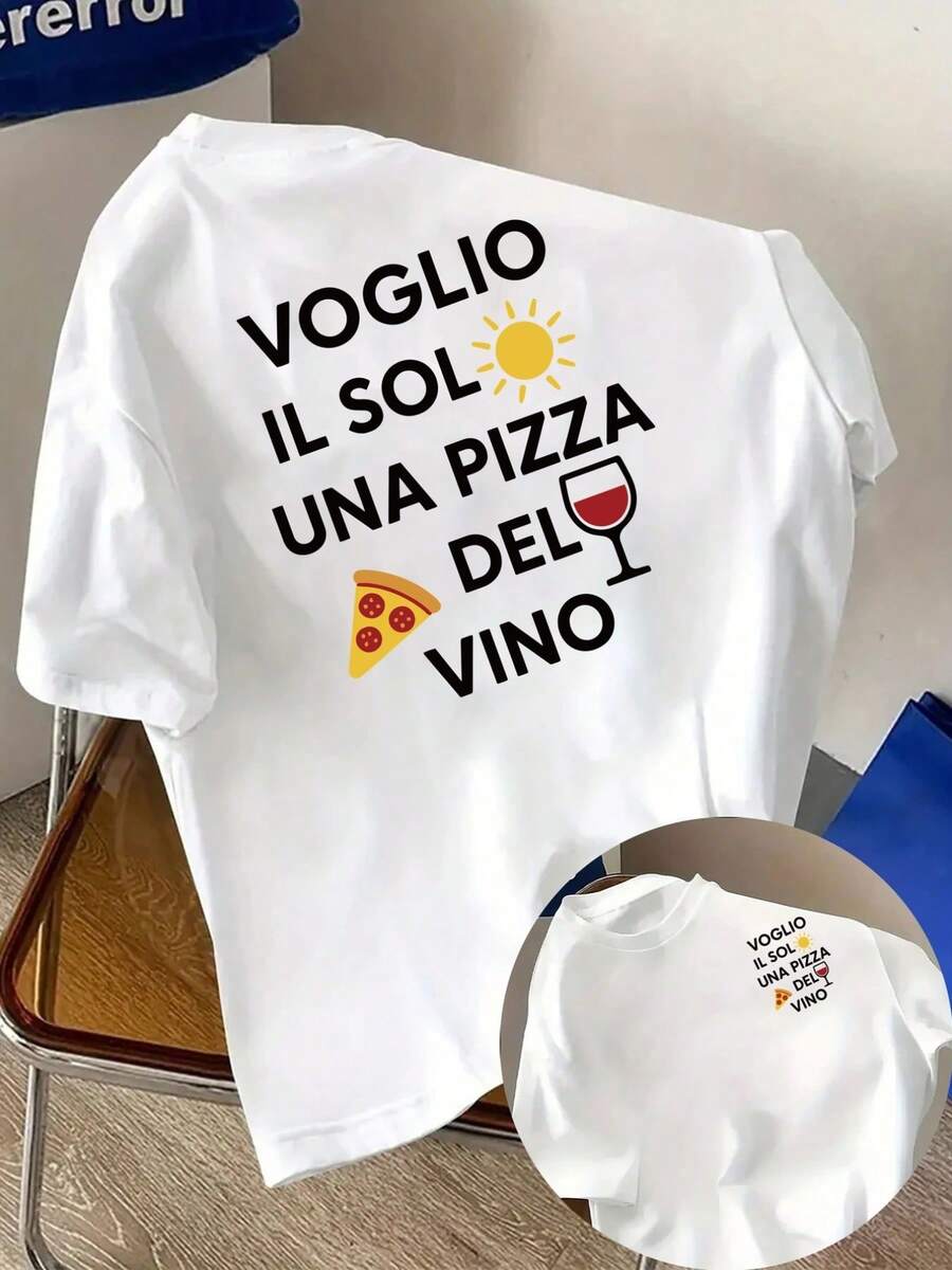 Estiva Casual. 1pac.100%Cotton.Men'S T-Shirt Featuring Italian Cuisine, With A Stylish Front And Back Print Of Pizza, Perfect For Casual Outings And F - White - View 1
