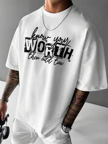 Camiseta de 1 pieza, 180 g, 100 % algodón, estilo vintage urbano, con grafiti pintado a mano y el eslogan "Conoce tu propio valor" al estilo Y2K. - Blanco - Ver 1